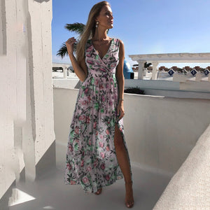 Chiffon Dress Pink Elegant Ladies Flroal Print Split Beach Holiday Long Maxi Dresses For Women Summer Clothes New Arrival 2021 Pink / XL Chiffon Dress Pink Elegant Ladies Flroal Print Split Beach Holiday Long Maxi Dresses For Women Summer Clothes New Arrival 2021 Pink / XL