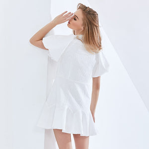 White Oversized O Neck Puff Sleeve High Waist Female Summer Dresses