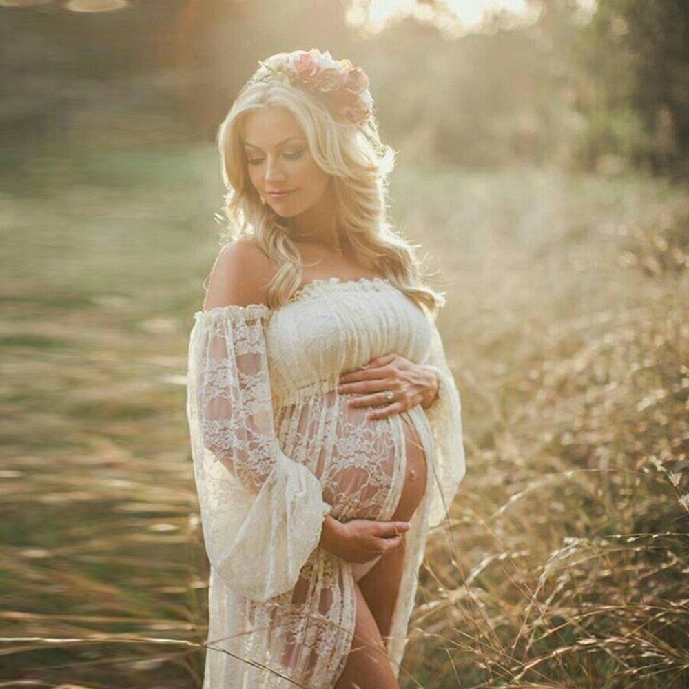 Maternity Photography Props Pregnancy Fancy Dress Lace Robe Strapless Maxi Gown Maternity Dress Split Front Women Long Dress