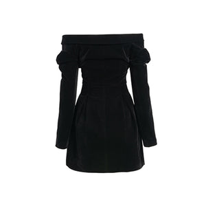 Black Sexy Mini Slash Neck Long Sleeve High Waist Double Breasted Black Dresses