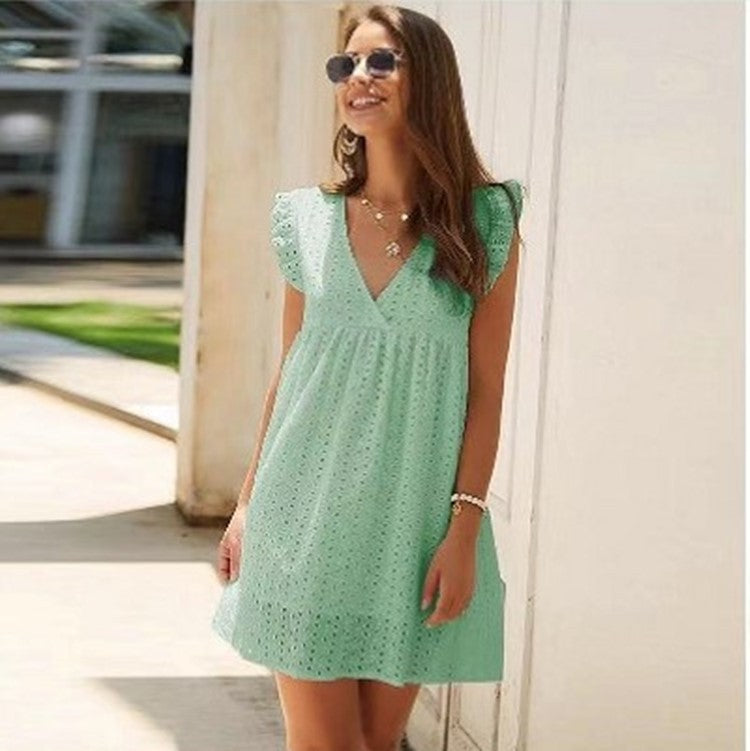 Hollow Out Mini Dress Sexy V Neck Lace Short Ruffle Sleeve A Line Sundress Casual Loose Kawaii Summer Beach dress new year 2022