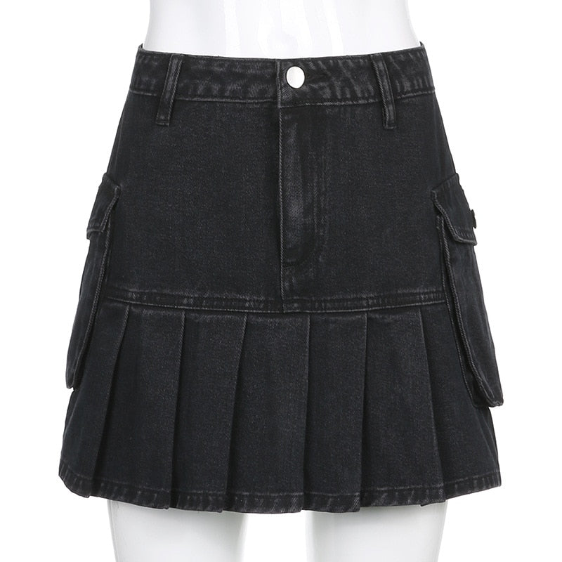 ALLNeon Mall Goth High Waist Jean Skirts Y2K Aesthetics Black Denim Pleated Skirts with Big Pockets Punk Style E-girl Outfits