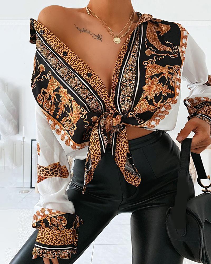 Baroque Leopard Print Turn-down Collar Long Sleeve Casual Blouse