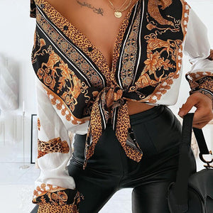 Baroque Leopard Print Turn-down Collar Long Sleeve Casual Blouse