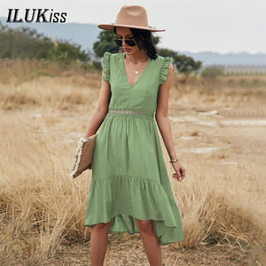 Summer Women Sleeveless Midi  Dress 2021 Fashion Hollow Out Ruffle Pink Green V Neck Lace Woman Dresses Elegant Casual Clothes