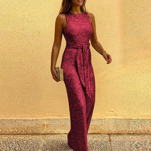 Summer Round Neck Sleeveless Backless Sexy Sequin Silver Dot Jumpsuit Female Black Blue Champagne Gold Jumpsuit