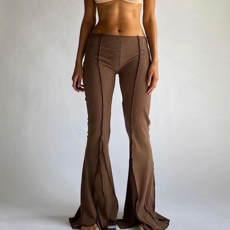 Solid Low Waist Ribbed Flare Pants Women Summer Slim Elegant Casual Elastic Trousers Female Fashion All-Match Streetwear
