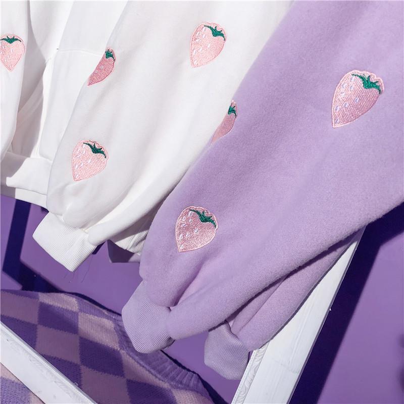 Harajuku Strawberry Embroidery Lavender Pink Sweatshirt Autumn Winter Women Kawaii Loose Long Sleeves Tops Oversized Hoodies XXL