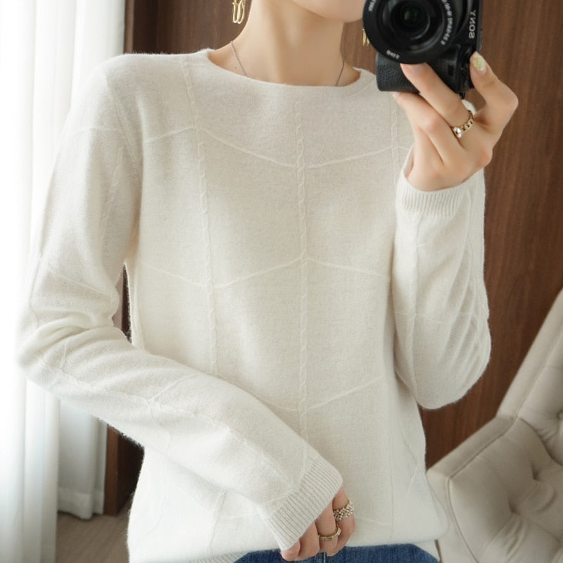 Autumn Winter New Ladies O-neck Long-Sleeved Knitted Pullover Cashmere Wool Checkered Pattern Sweater Casual Slim Bottoming