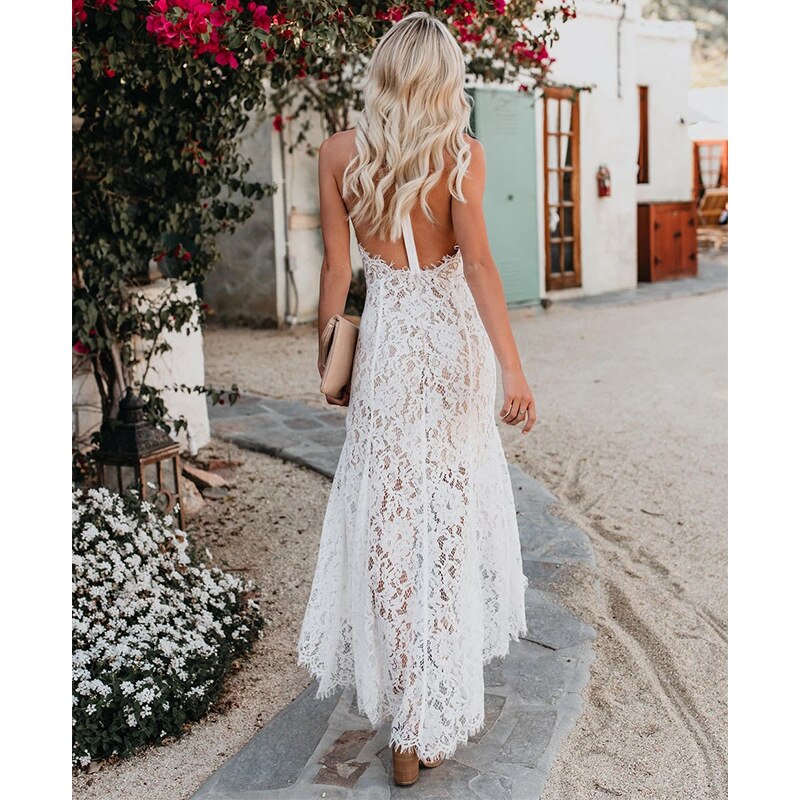 Sexy Lady Hollow Lace Dress Boho Floral Lace White Dress Evening Party Casual Elegant Clothes Beach Long Sundress Midi Vestido