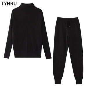 TYHRU Autumn Winter Women&#39;s tracksuit Solid Color Striped Turtleneck Sweater and Elastic Trousers Suits Knitted Two Piece Set