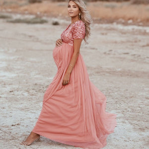 2020 Sequin splicing mesh Maternity dresses Short sleeve V-neck photography dress maternity gown pregnancy dress Q0616