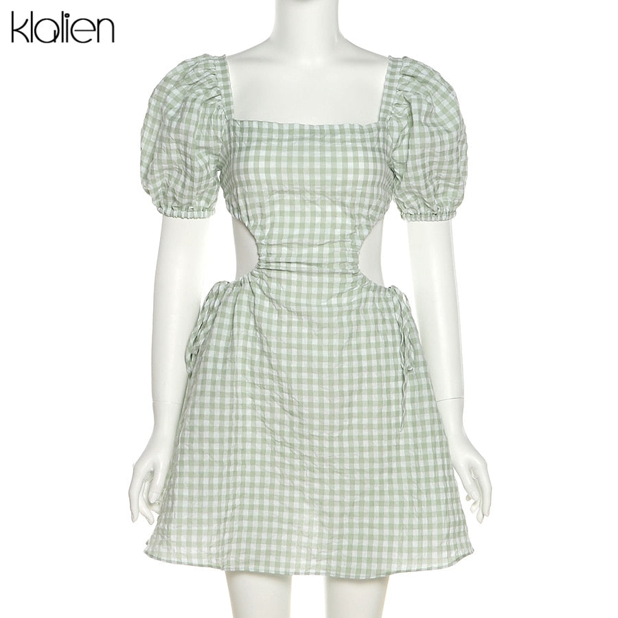 KLALIEN Fashion Elegant French Romantic Summer Women Dresses New Street Party Puff Sleeve Hollow Out Dot Mini Dress Mujer