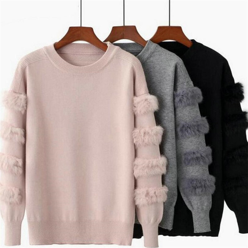 Rabbit Fur Decorative Sleeve Solid Color Pullover Sweater