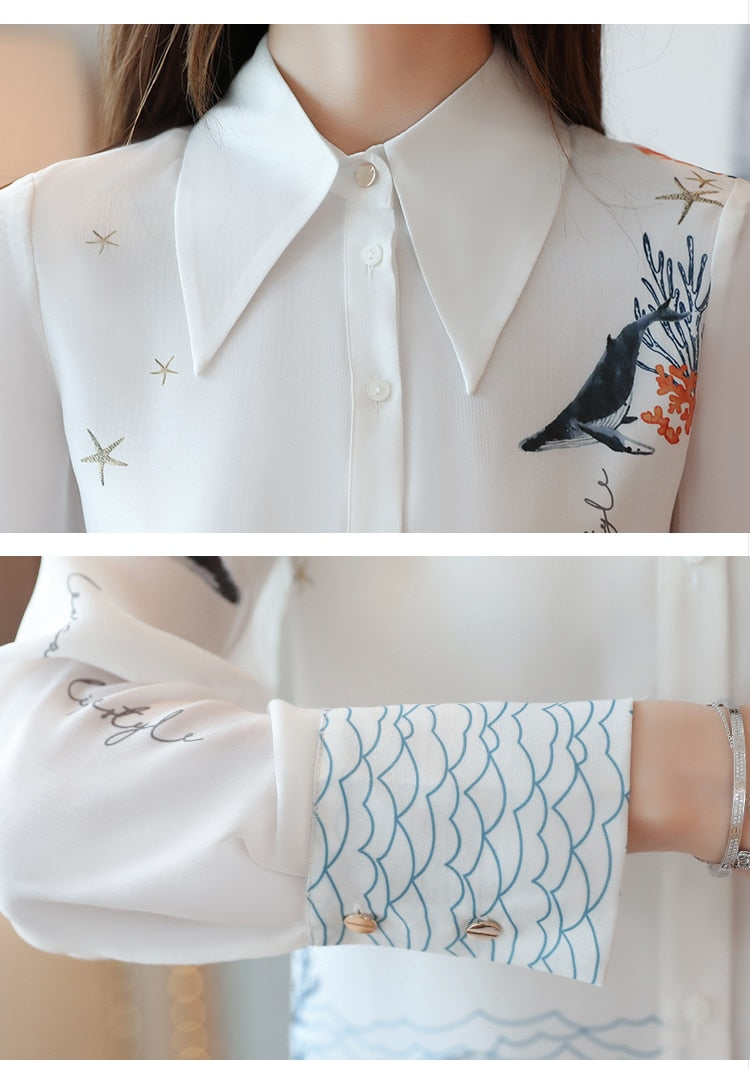 Chiffon White Shirt Printing Button Blouses
