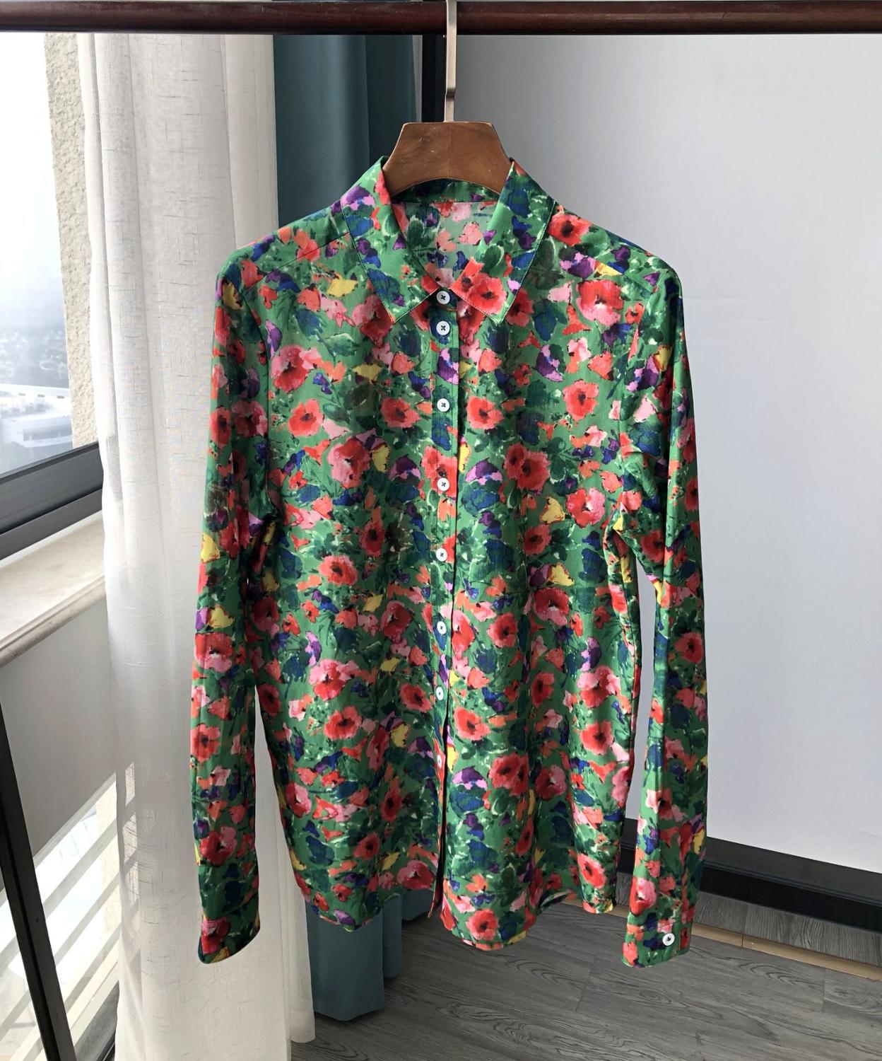 Printed ‌Flower Render Oil Paint Silk Cotton Lapel Long-sleeved Shirt Blouse