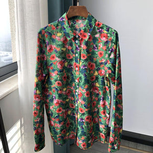 Printed ‌Flower Render Oil Paint Silk Cotton Lapel Long-sleeved Shirt Blouse