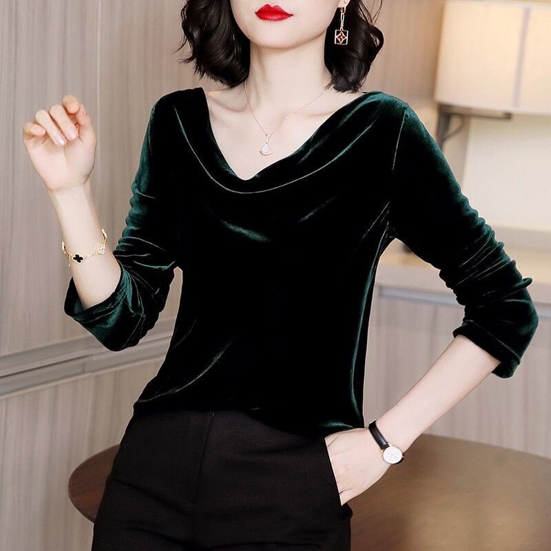 Pleated Collar Velour Long Sleeve Blouse