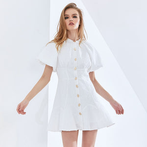 White Oversized O Neck Puff Sleeve High Waist Female Summer Dresses