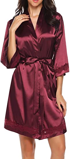 Hot Satin Robe for Women Sexy Lingerie Silk Bathrobe Short Kimono Sleepwear Deep V Bridesmaid Wedding Party Dress Gown Nightgown