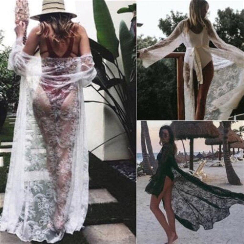 Women Black White Bikini Cover Up Summer Sexy Lace Kimono Boho Beach Long Maxi Dress Sheer Loose Kaftan Tunic Swimsuit