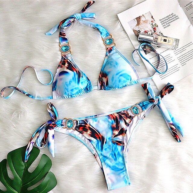 Leopard Print Crystal Diamond Bikini Women Swimsuit Female Brazilian Swimwear Two-pieces Bikini set