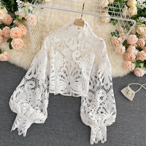 Sexy Lace Lantern Long Sleeve Hollow Out Short Blouse