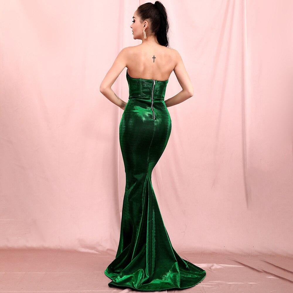Sexy Emerald Green Tube Top Bodycon Reflective Material Party Tail Maxi Dress