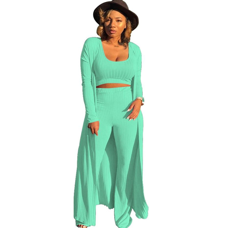 Sexy Knitted Long Cardigan and Crop Top Pant Sweat Suit