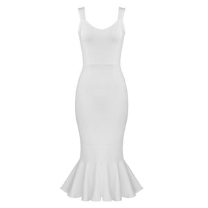 Bodycon Bandage Dress 2020 Sexy Sleeveless White Black Mermaid Midi Knee Length Designer Fashion Evening Party Dress Vestido