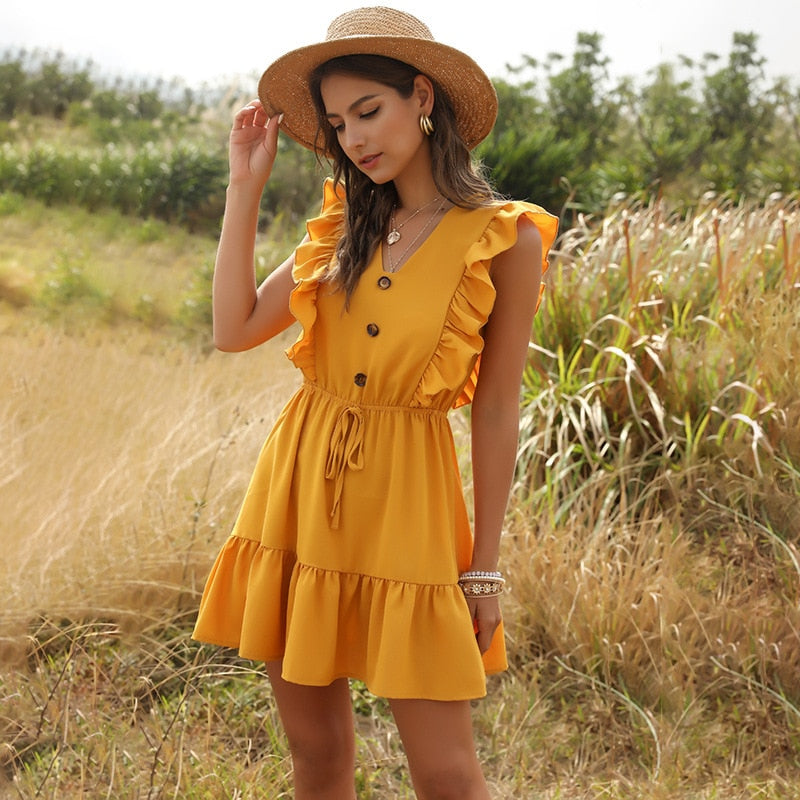 sexy dress ruffle bohemian Women Summer Casual Boho Beach Ruffles 2020 Mini Dress Party V-Neck High Waist Female Dresses Pink / XL WOMEN Decoration Briarwyn Women's Elegant Burgundy pretty_in_pink Side:Small