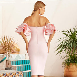 Pink Off Shoulder Butterfly Short Sleeve Celebrity Runway Party Dress