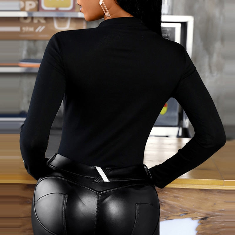 Sexy Hollow Out Slim Turtleneck Black Blouse