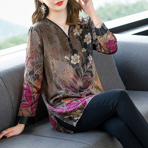 Long-Sleeved Flower Casual Loose Large Size Blouse