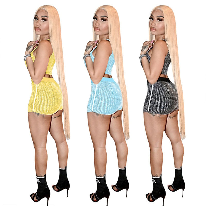 ZKYZWX Sequin Sexy 2 Piece Outfits Tracksuit Sleeveless Crop Top Lace Up Biker Shorts Summer Clothing for Women Matching Sets