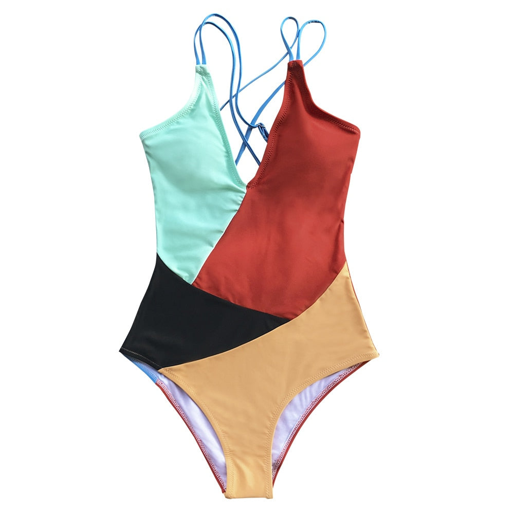 Sexy Colorblock V-Neck Open Back One-Piece Swimsuit Women Padded Cups Monokini Swimwear