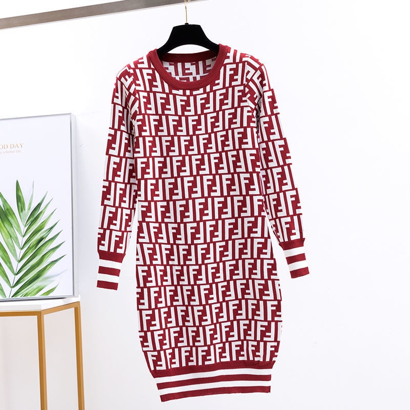 2021 Spring And Autumn New Letters Fashion Mid-Length Knitted Sweater Women's Slim Korean Round Neck Jacquard Dress