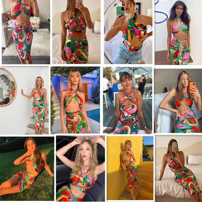 2021 Sexy Print Tracksuit Woman Two Piece Boho Outfit Suits Halter Bandage Tanks And Ruched Drawstring Midi Skirts Matching Sets