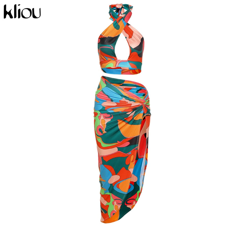 Kliou Printed Halter Top And Side Slit Skirt Sets Sexy Midnight Club Two Piece Outfits For Women Bandage Party Wear Matching Set