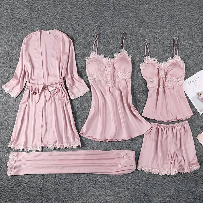 Ladies Sweet Lace Trim 5PCS Satin Pajamas Suit Sexy V-Neck Strap Night Dress Spring Autumn Bathrobe With Bra Sleepwear Homewear