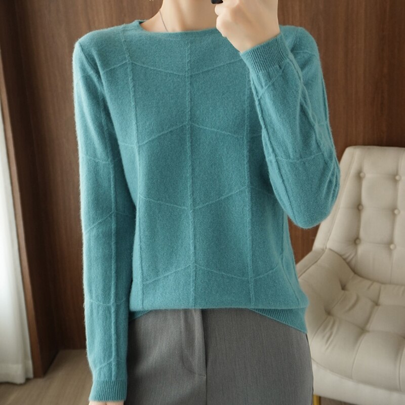 Autumn Winter New Ladies O-neck Long-Sleeved Knitted Pullover Cashmere Wool Checkered Pattern Sweater Casual Slim Bottoming