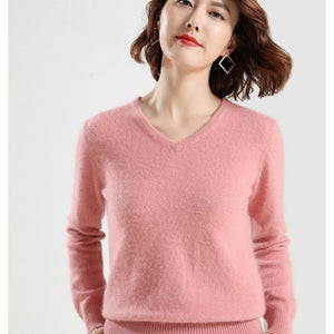 Super Warm Fluffy Mink Cashmere Soft Fur V-neck Sweaters and Pullovers for Women Autumn Winter Jumper Female Brand Jumper