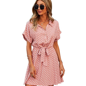 Beach Summer Shirt Dress Polka Dot Vintage High Waist Mini Casual Women Dresses Loose Short Sleeve Single-Breasted Slim Robe