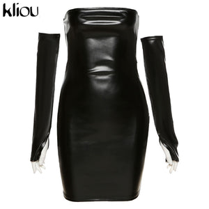 Faux PU Leather With Gloves Party Dress Women Backless Sexy Hot Clubwear Skinny Slim Solid Fashion Bodycon Mini Dresses