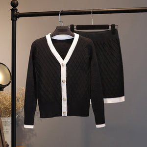 Long Sleeve V Neck Buttons Top + Short Skirt