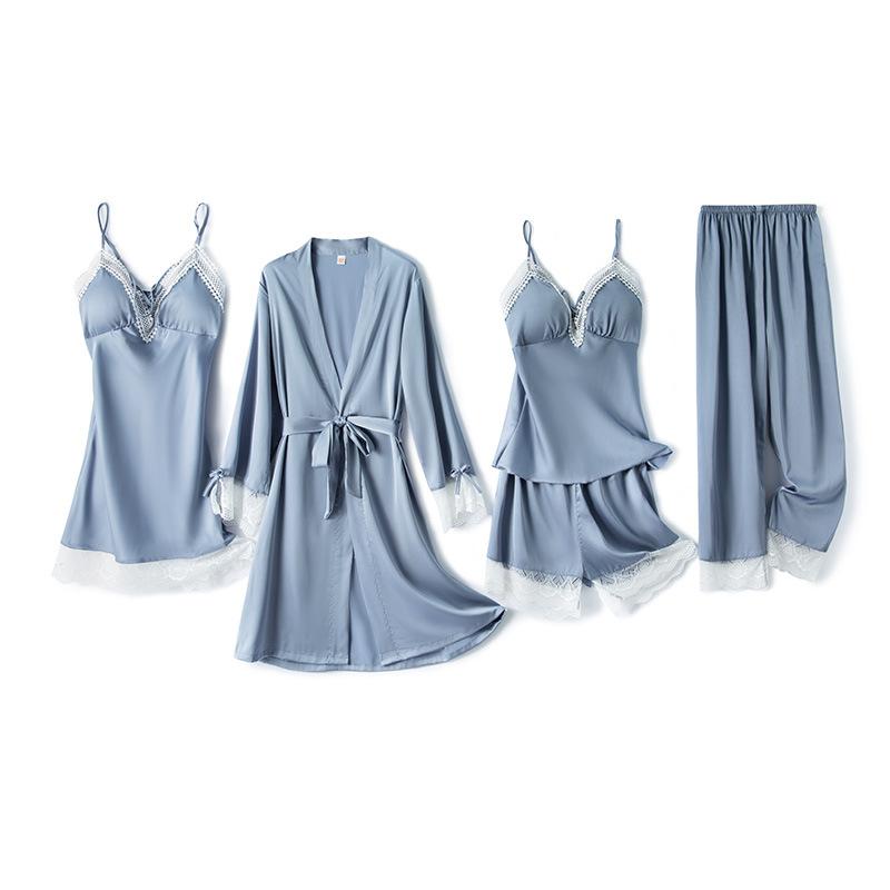 Burgundy Women 5PCS Satin Sleep Suit Sweet Bow Lace Trim Sleepwear Spring Autumn Homewear Sexy V-Neck Strap Night Dress Bathrobe Gray / XL Burgundy Women 5PCS Satin Sleep Suit Sweet Bow Lace Trim Sleepwear Spring Autumn Homewear Sexy V-Neck Strap Night Dress Bathrobe Gray / XL