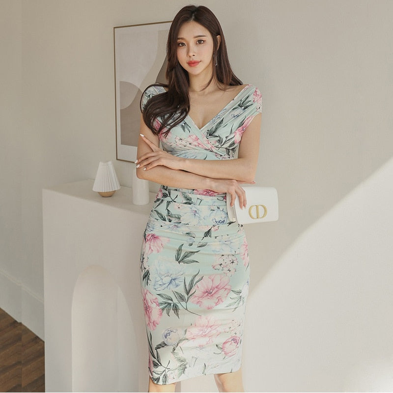 Fashion Summer Retro Party Club Midi Dress Ladies Elegant Short Sleeve Floral Print Sweet Bodycon Skinny Beach Vacation Dress