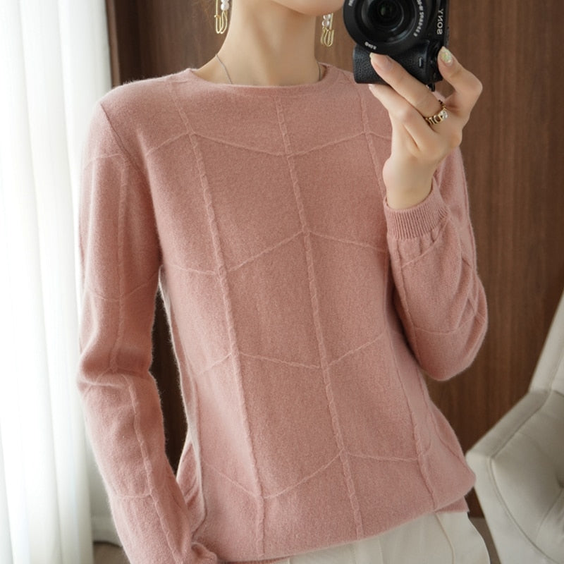 Autumn Winter New Ladies O-neck Long-Sleeved Knitted Pullover Cashmere Wool Checkered Pattern Sweater Casual Slim Bottoming