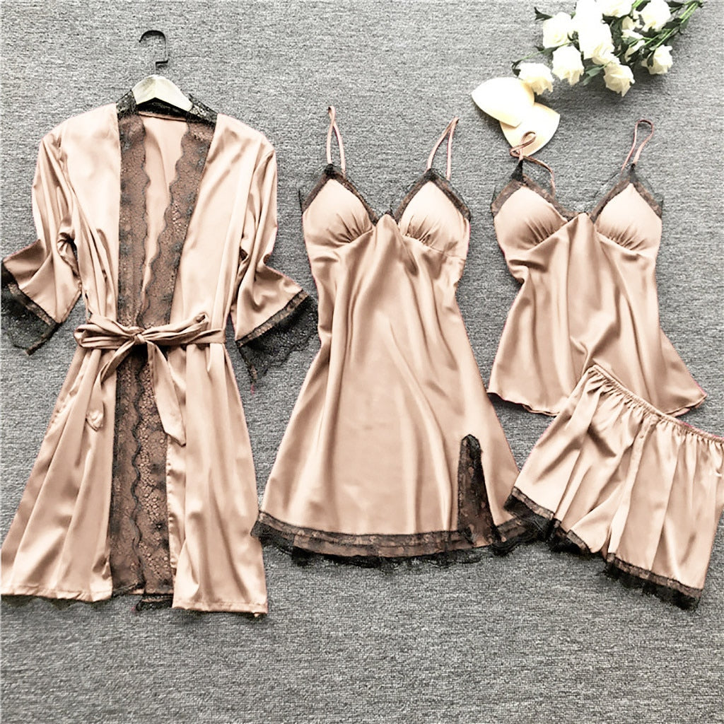 robe ensembles Women Pajamas Silk Lace Bathrobe Set Nightie Nightdress Pajamas Women Lingerie Sleepwear Babydoll robe de nuit