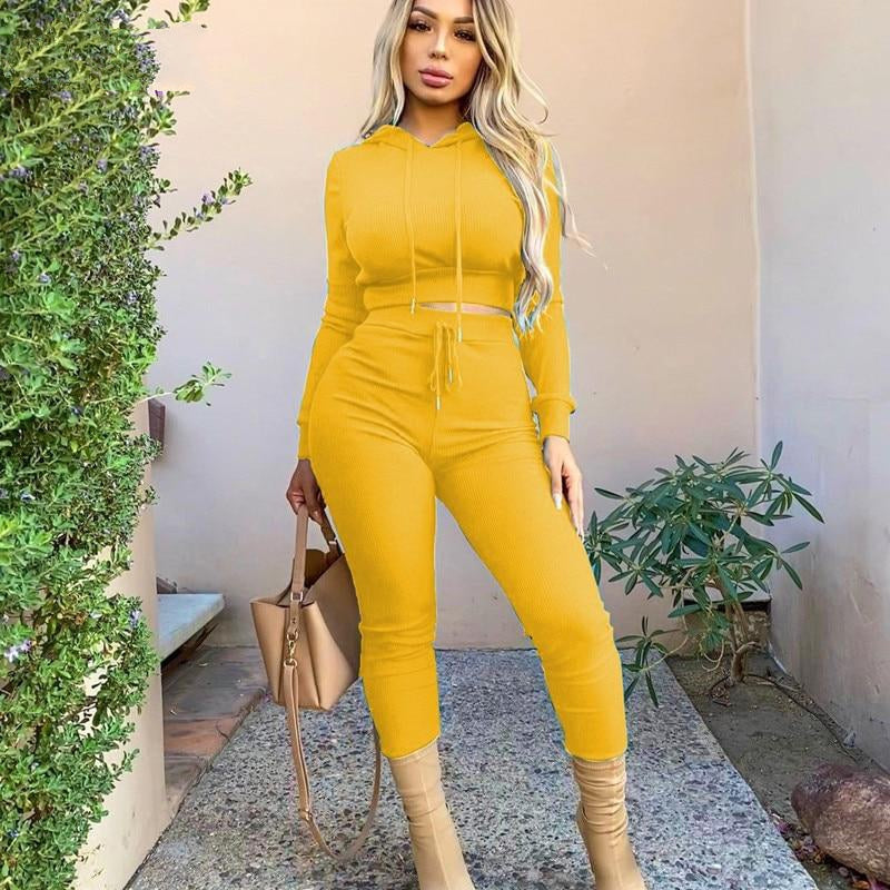 Ribbed Knitted Crop Top Hoodies Tracksuit